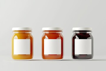 Three glass jars of fruit preserves