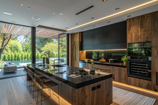 A luxurious modern kitchen with dark wooden cabinetry, an expansive island, sleek black countertops, an integrated wine cooler, recessed lighting, and a built-in coffee station, creating 