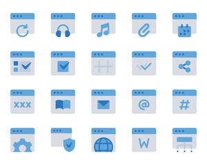 Blue color icons set for Webpages, websites, browser, window.