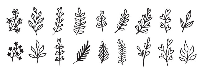 Cute leaf modern doodle hand drawn icon set. Outline drawing cute leaf modern line clipart symbol collection
