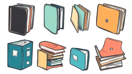 Colorful book and folder icons; office organization;  white background; for website design