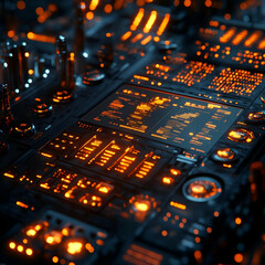 Obraz premium Futuristic control panel with glowing orange lights and intricate circuitry in a dark environment