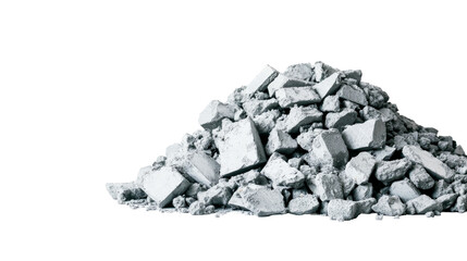 Heap of grey stone blocks on black background, cut out transparent