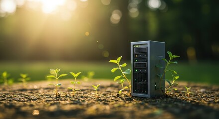 Server among sprouts in soil lit by the sun for sustainable technology concept, representing eco friendly data center for nature, technology, and ecological harmony
