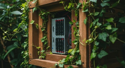 Contemporary server hosting hardware inside wooden enclosure covered with ivy. Eco friendly technology for environmental awareness and sustainable system network management