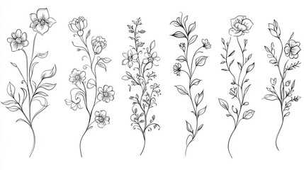 Seven elegant floral line art designs; perfect for invitations, cards, or website decoration