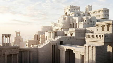 Ancient Cityscape With White Stone Buildings Under Sunrise