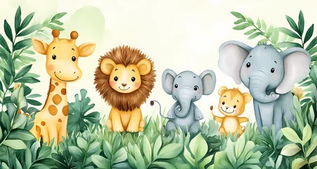 Fototapete Rund Safari Companions: A delightful scene of adorable cartoon animals including giraffe, lion, elephant, and playful cub, creating a charming, engaging and joyful imagery © DASHINKAN