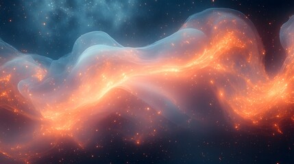 Obraz premium A glowing cosmic wave of orange and blue light swirling through a dark space background.