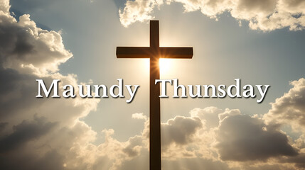 Composition of maundy thursday text over cross and sky with sun and clouds