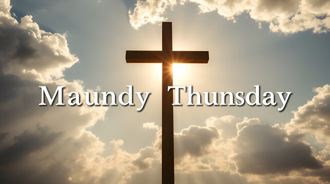 Composition of maundy thursday text over cross and sky with sun and clouds - Powered by Adobe