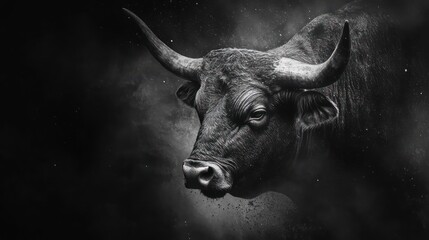 Naklejka premium Powerful bull portrait, dark background, dust clouds, financial strength concept