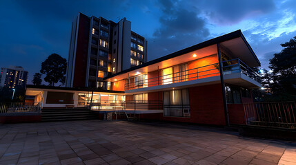 Modern Building Architecture Illuminated At Night With Residential Tower Structure And Blue Sky Backdrop