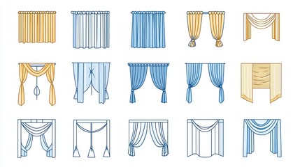 Curtains set, various styles and colors for interior, on white background