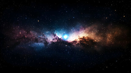 Obraz premium Stunning Cosmic Panorama of a Multicolored Nebula with Brilliant Star Clusters and Deep Black Background