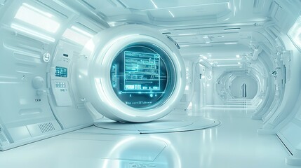 An interior futuristic hall with a circular technology display