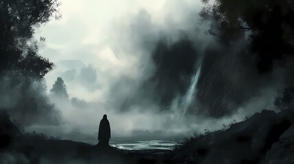 A solitary figure, cloaked in darkness, stands at the edge of an ancient forest, gazing into a mystical, fog-laden expanse under a brooding sky. Ancient Incubation. Illustration