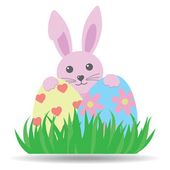 Illustration of cute pink rabbit with easter eggs with grass and shadow on white background.