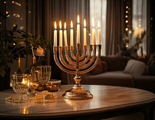 Golden menorah with burning candles on table against grey background and blurred festive lights