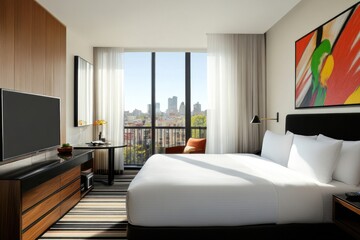 A modern hotel room overlooking a city skyline with decor