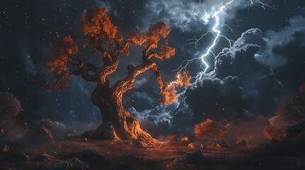 Dramatic thunderstorm with a jagged lightning bolt striking an ancient twisted tree against a brooding night sky in a primeval woodland. Ancient Incubation. Illustration