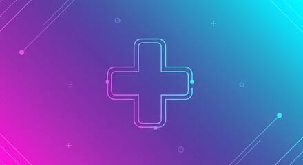 Fototapeta premium Vibrant gradient background with neon pink and teal hues forming a medical cross icon. Ideal for healthcare marketing, telemedicine, wellness branding, advanced medical apps, or futuristic design.