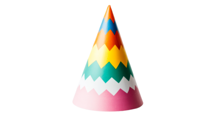 Colorful party hat with zigzag pattern on black background, cut out transparent