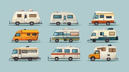 Collection of vintage camper vans and trailers, various colors and styles, side view.