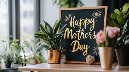 A modern minimalist workspace with a giant "Happy Mothera??s Day" message in gold calligraphy displayed on a write-board