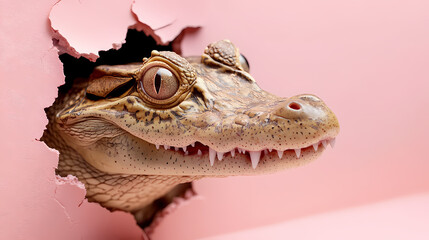 Obraz premium Alligator's Surprise: a close-up shot, a baby alligator peeks inquisitively through a ripped hole, its textured skin and sharp teeth contrasting against the soft pink background.
