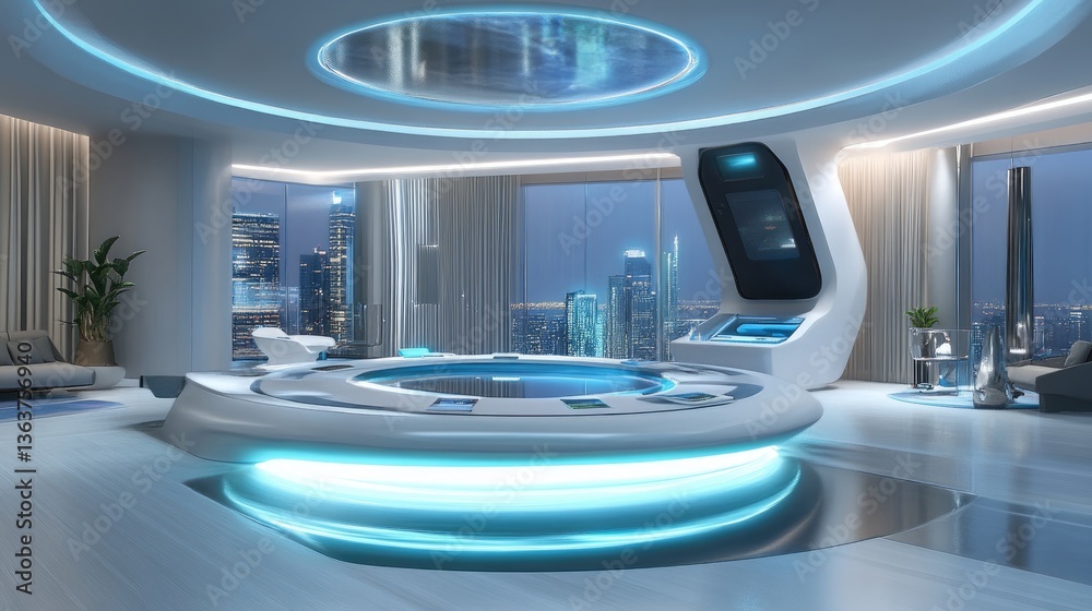 Poster futuristic ai-controlled banking hub with real-time fraud monitoring and automated financial decisio