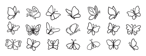 butterfly doodle hand drawn icon set. Outline drawing butterfly line clipart symbol collection © Yanka