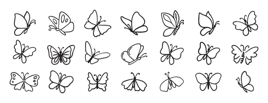 butterfly doodle hand drawn icon set. Outline drawing butterfly line clipart symbol collection