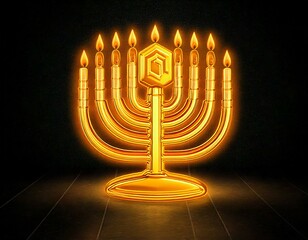 Fototapeta premium Burning candles and donuts for Hanukkah celebration on dark background