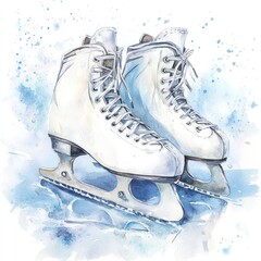 Watercolor Ice Skates on Ice