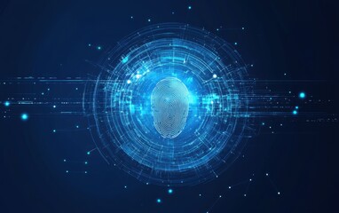 Obraz premium Futuristic digital identity concept with virtual biometric elements, fingerprint, and sphere on a blue background a technology security system Generative AI
