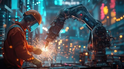 Industrial worker and robotic arm collaborating in a modern factory.  Sparks fly as the human operator and advanced technology work together in a high-tech environment