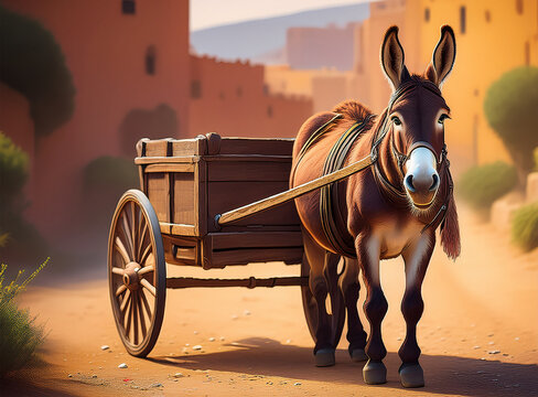 Front view of Donkey pulling cart at Pueblo