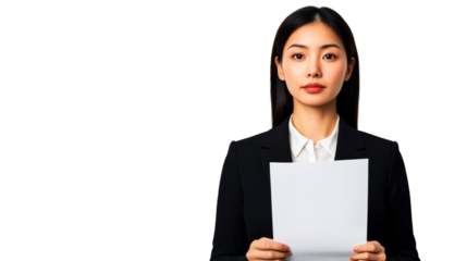 Asian businesswoman holds papers in elegant suit, cut out transparent