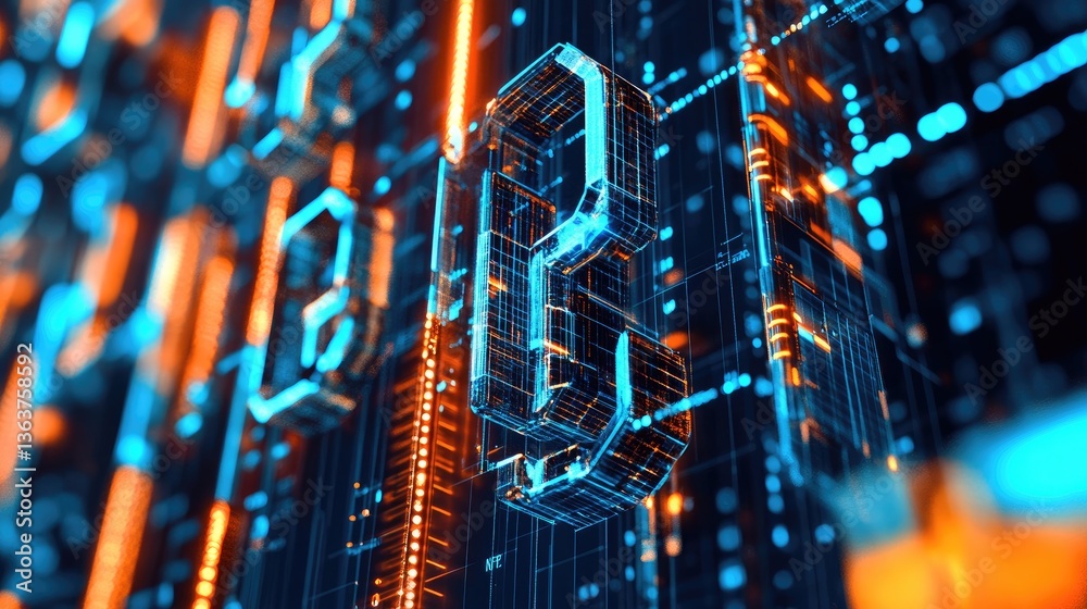 Poster futuristic nft authentication with a digital blockchain ledger, showcasing asset ownership verificat