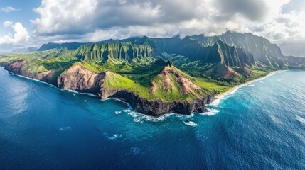 Naklejka premium Aerial view of dramatic Kauai coastline featuring towering cliffs and turquoise waters
