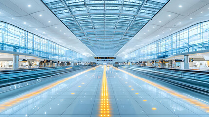 Obraz premium Modern Airport Terminal Interior With Blue Lighting And Glass Walls