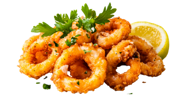 Fried squid rings with lemon and parsley, cut out transparent