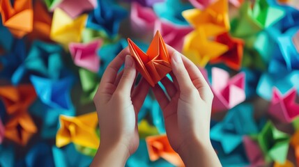 A person holds an orange origami crane over paper crafts
