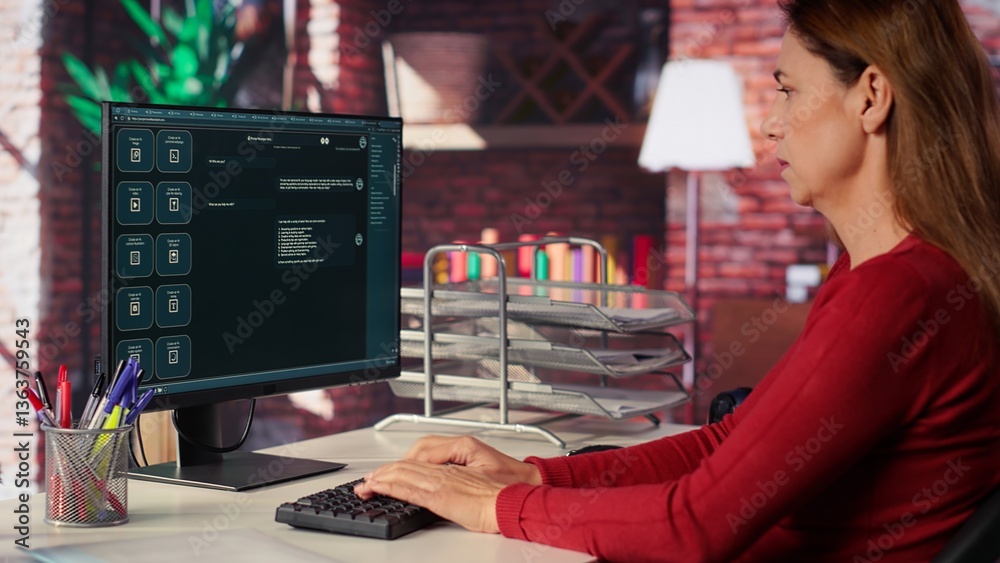 Poster woman typing prompts into an ai powered chat system on her computer, advanced virtual assistant show