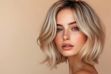 Fototapeta premium Captivating beauty showcases radiant skin and effortless elegance in a soft, dreamy setting
