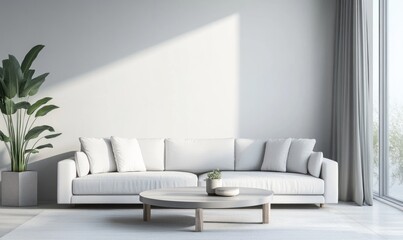 Fototapeta premium Modern minimalist living room interior with a white sofa and plant