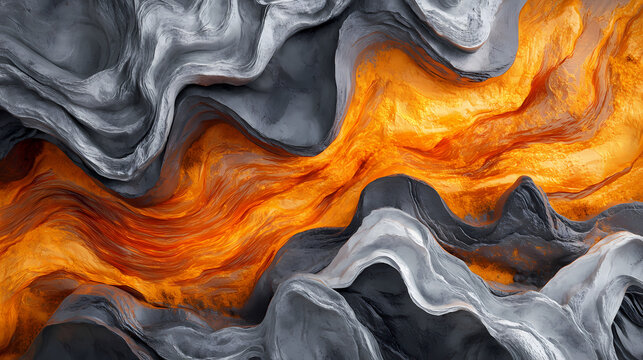 A close-up image showcasing flowing orange and gray textures, evoking a sense of warmth and dynamism, reminiscent of molten lava or vibrant energy. Molten Metamorphosis. Illustration