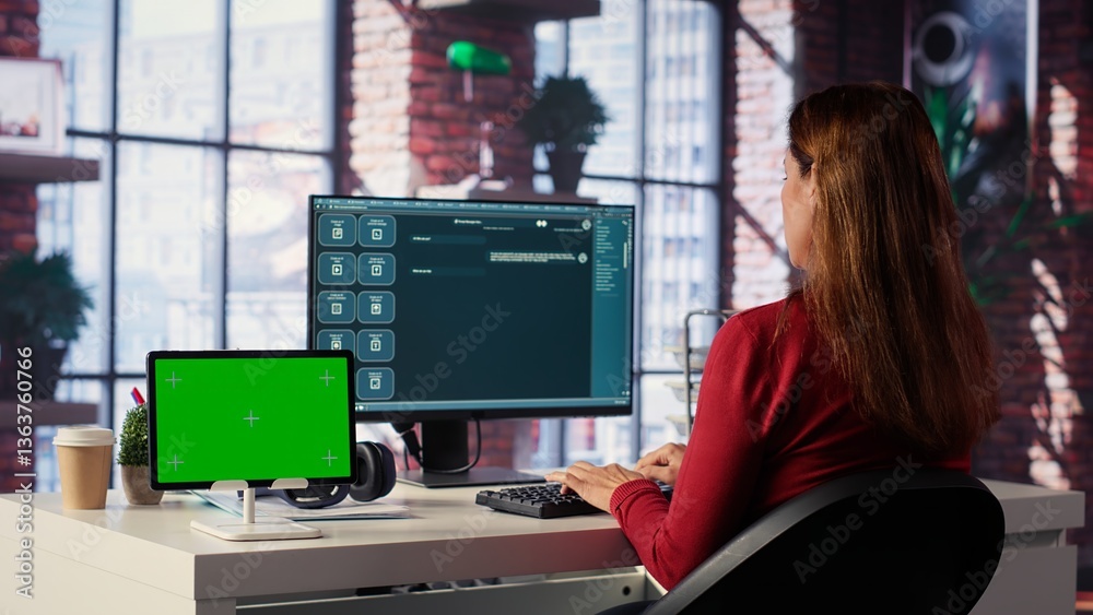 Poster woman interacting with intelligent ai chatbot next to mockup display, using innovative system. machi