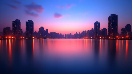Obraz premium Serene city skyline at dusk with reflections on the water and glowing lights in the background